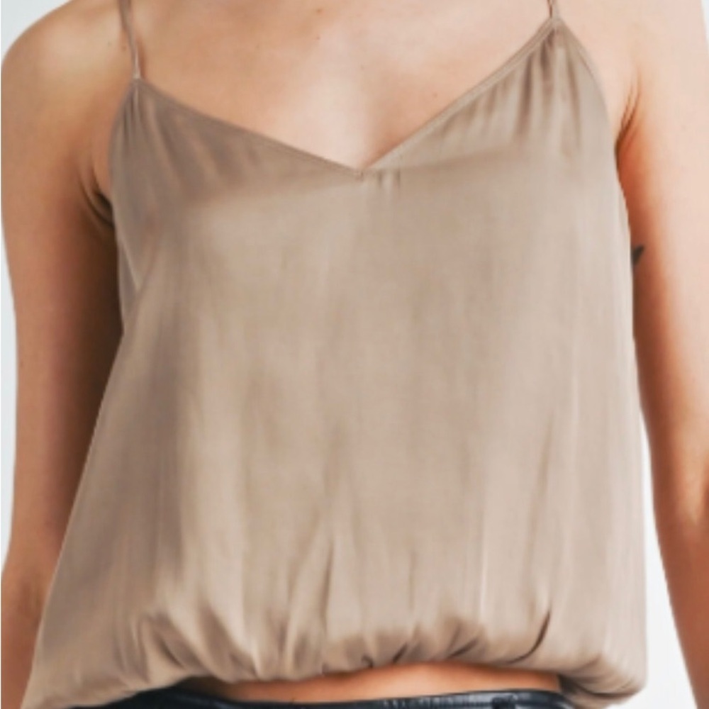 Relaxed V-Neck Satin Cami in Taupe